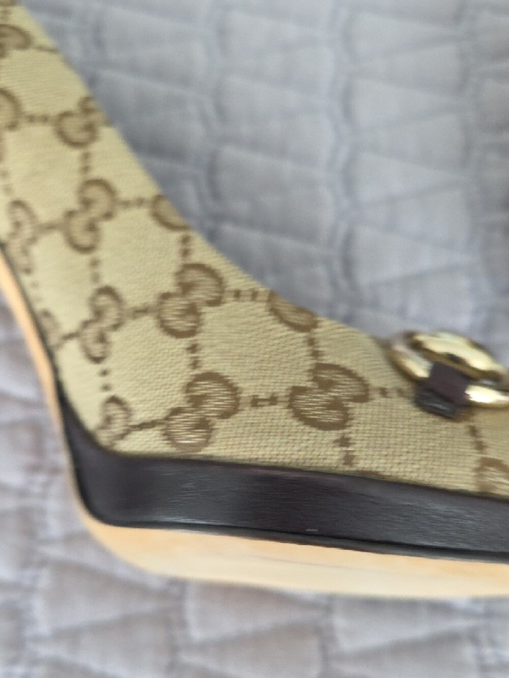 Gucci Brown GG Canvas Peep-Toe Heels with Gold Horsebit - Picture 9 of 12